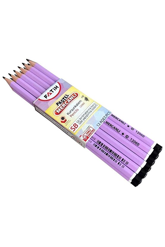 Köşeli Mercanlı Kurşun Kalem 12li Pastel Renkler Mor Gövde