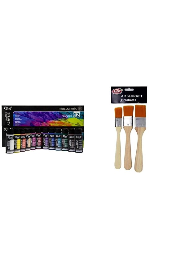 Master Mix Akrilik Boya Seti 12 Lİ + EKO 3 LÜ SARI KIL FIRÇA SET