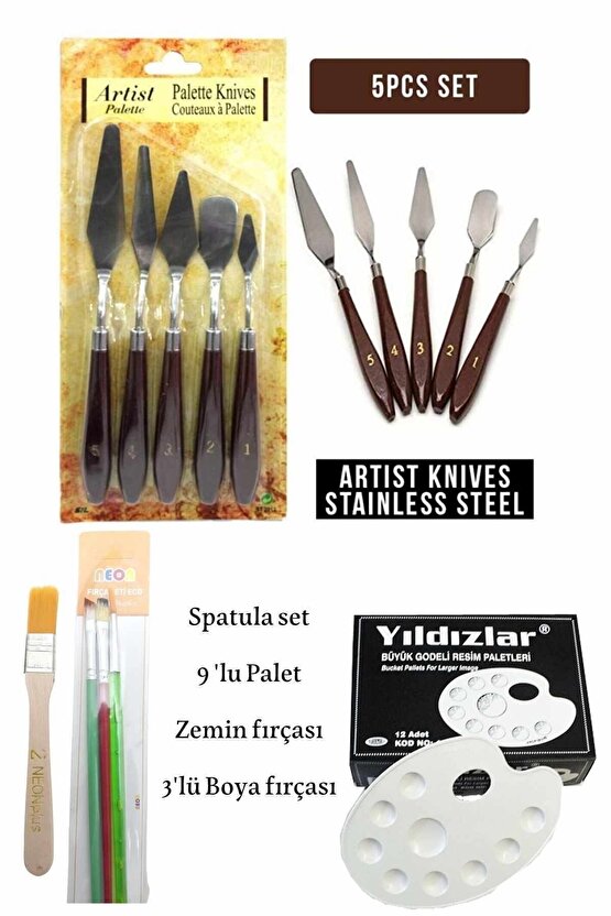 5 Li Metal Spatula Seti Zemin Fırçası Boya Fırçası Akrilik Yağlı Boya Hobi Çalışmalar