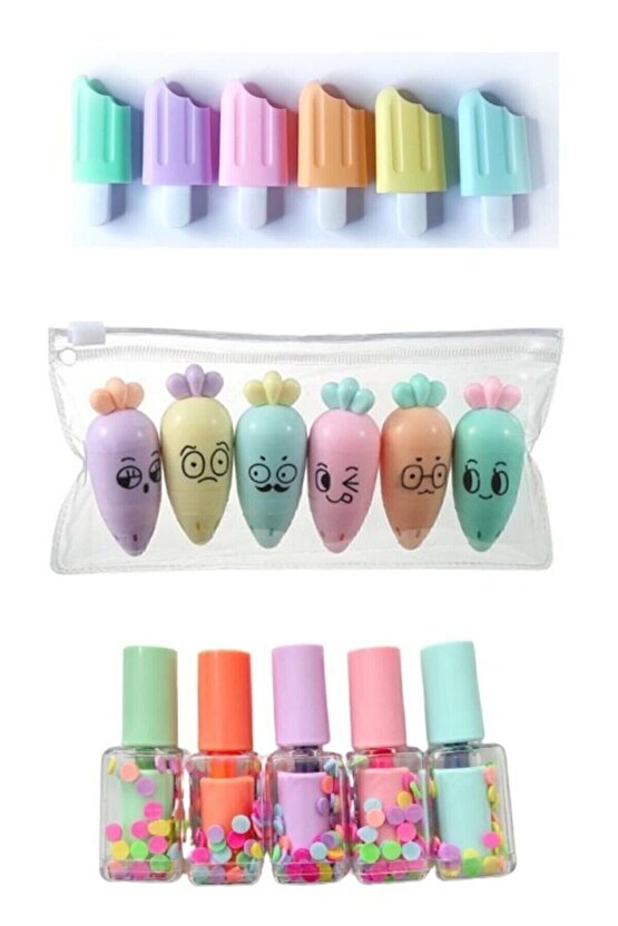 Mini 3 Parça Fosforlu Kalemler Seti - Dondurma - Sevimli Havuç Ve Oje Fosforlu - Ege Fotokopi Seti