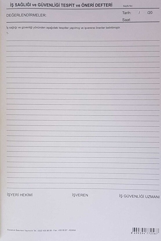 İş Sağlığı ve Güvenliği Tespit ve Öneri Defteri Cilt Kapak