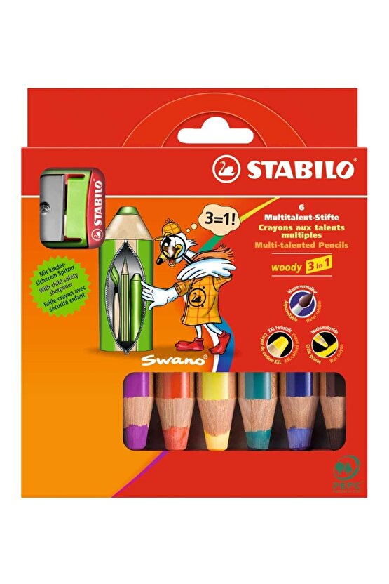 Woody Kuru Boya 3in1 6 Renk + Kalemtraş