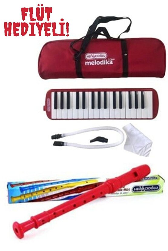Melodika Kırmızı 32 Tuşlu Melodika 1 Adet Kırmızı Flüt Hediyeli