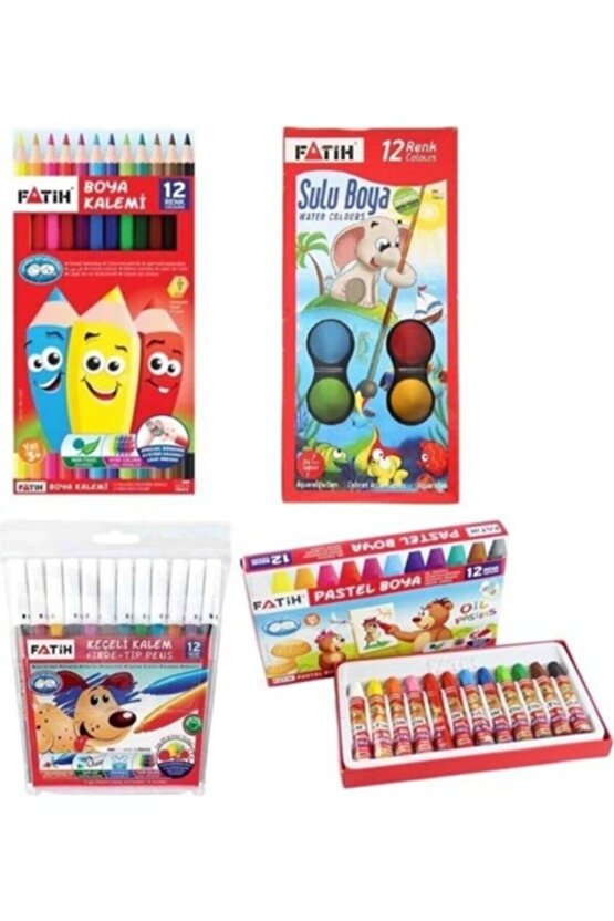 4ü Boyama Seti 12 Renk Pastel+ Sulu Boya + Kuru Boya + Keçeli Kalem