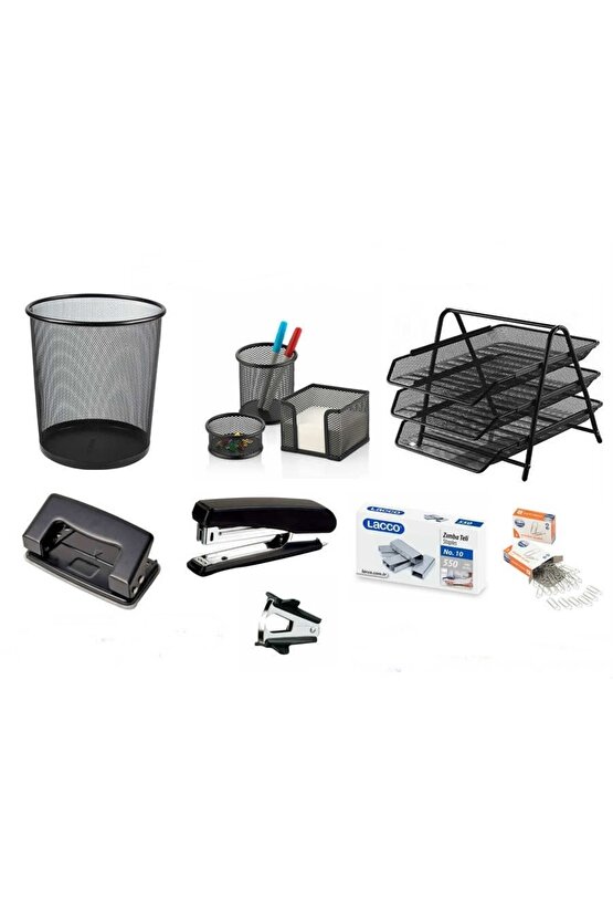 Sistem 8 Parça Ofis Seti Evrak Rafı - Delgeç - Çöp Kovası - Daksil - Ataş - Zımba Seti