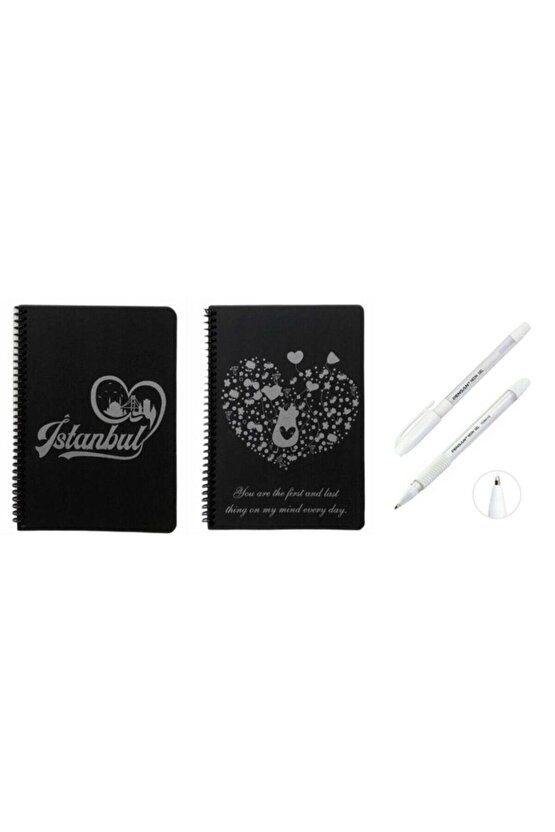 2 Adet Desenli Siyah Defter Siyah Yapraklı Defter - Siyah Sayfalı Defter 2 Adet Beyaz Jel Kalem Side