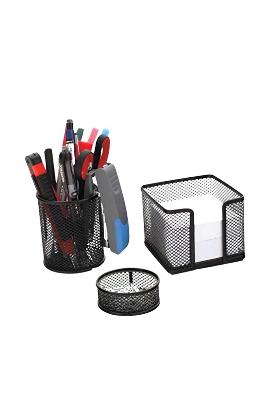 Rot Metal Tel Masa Seti 3 Parça Siyah Masaüstü Kalemlik Fx