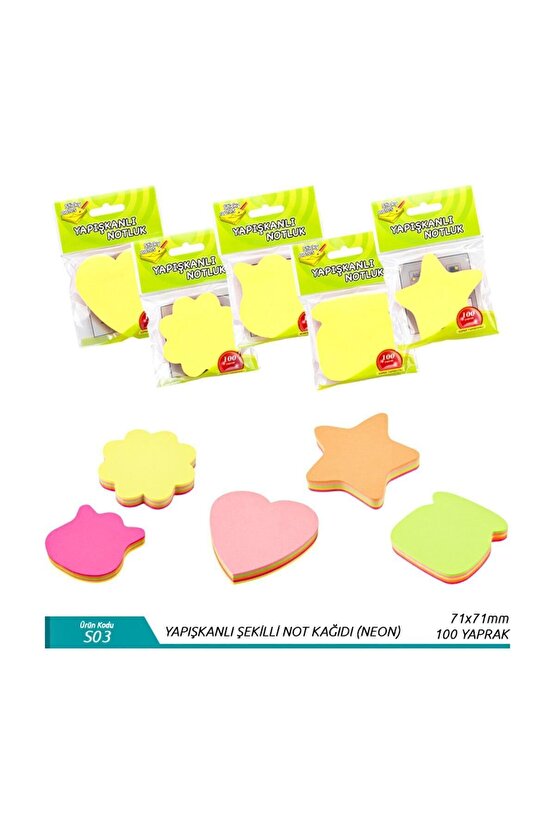S03 Yapışkanlı Not Kağıdı Şekilli 100 Yaprak Neon Renk Karışık Desenlerde 1 Adet Index