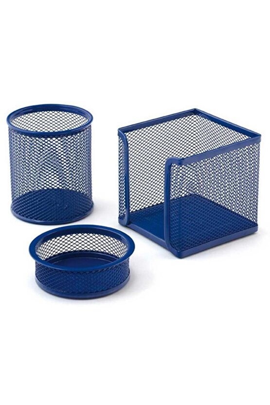 Masa Seti Ataşlık-Kağıtlık-Kalemlik 3 LÜ Metal Perforeli Mavi 505