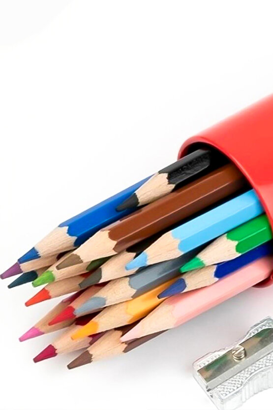 Kuru Boya Kalemi, Kırmızı Metal Tüp Kutu, 12 Renk, Tam Boy, Kalemtıraş Hediyeli, Yumuşak Mineli