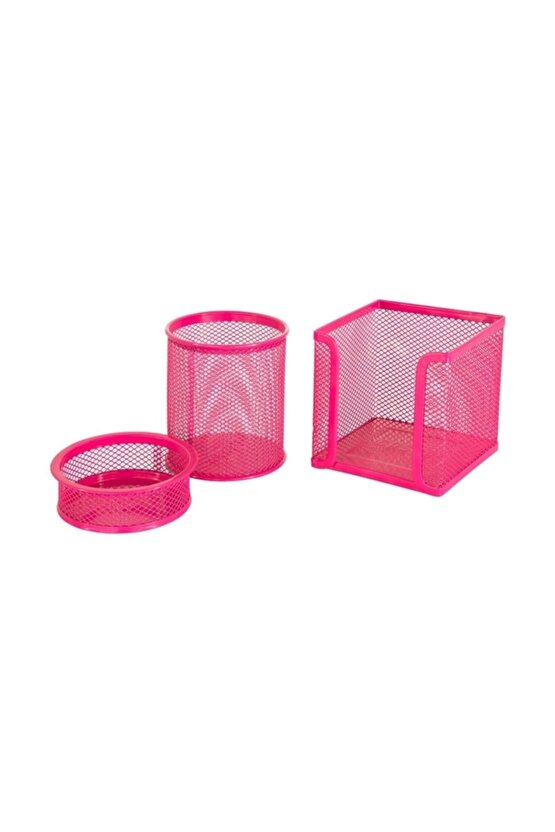 Masa Seti Ataşlık-kağıtlık-kalemlik 3 Lü Metal Perforeli Pembe Ms-3 M.o