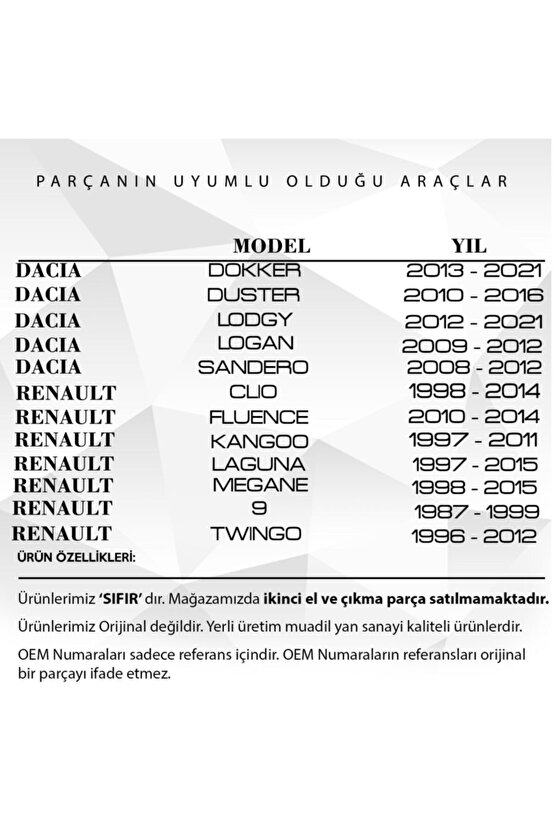 Renault Clio,r9,megane, Dacia Duster Için Uyumlu Yağ Karter Tapası
