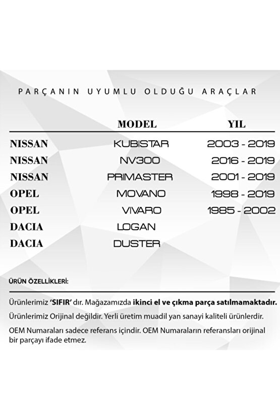 Nissan Kubistar, Renault Kangoo 2 Için Cıvatalı Güneşlik Ayağı