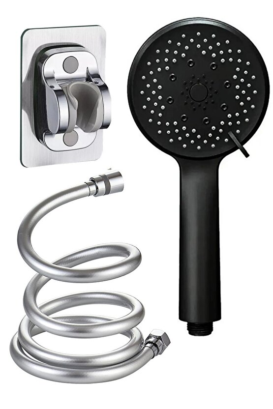 Siyah Duş Seti Lüks 5 Fonksiyonlu Ayarlanabilir Duş Başlığı - Yapışkanlı Mafsal-pvc Hortum 150 Cm