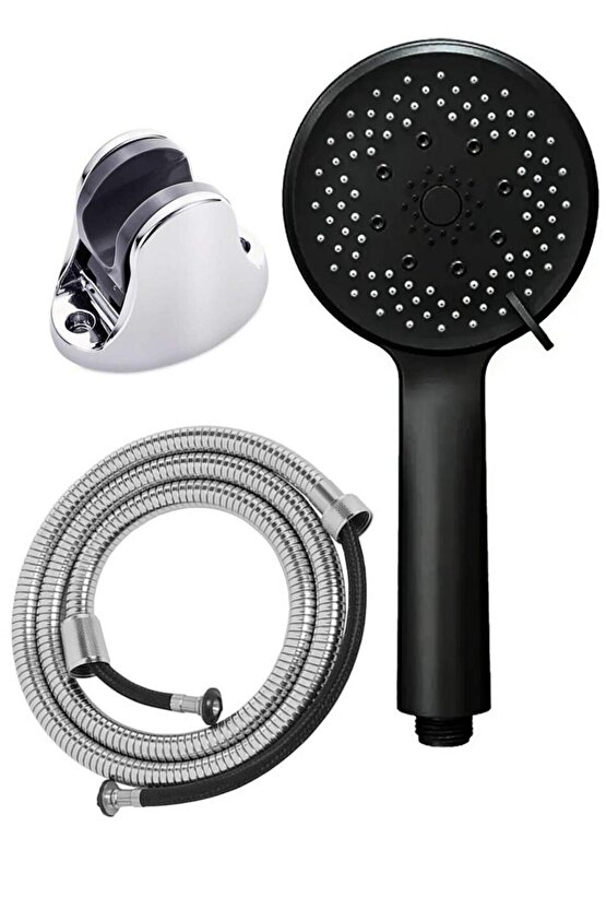 Siyah Duş Seti Lüks 5 Fonksiyonlu Ayarlanabilir Duş başlığı - Yapışkanlı Mafsal - ip örgülü hortum