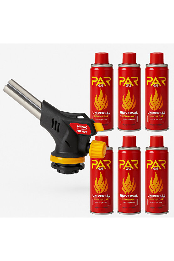 Pürmüz Çakmak Başlığı + 6 Adet PAR Gas Çakmak Gazı Seti | 1300°C Jet Alev | Mutfak, Kamp