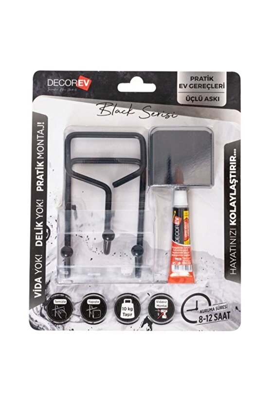Decorev Süper Yapışkanlı Metal Yapıştırıcılı Siyah Üçlü Askı Dc-5054