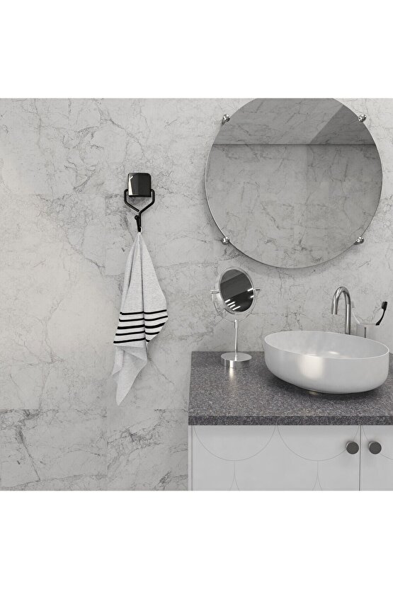 Dekoratif Yapıştırmalı Banyo- Mutfak Metal Tekli Kancalı Askı Siyah Pratik Vidasız Montaj Dc-5052