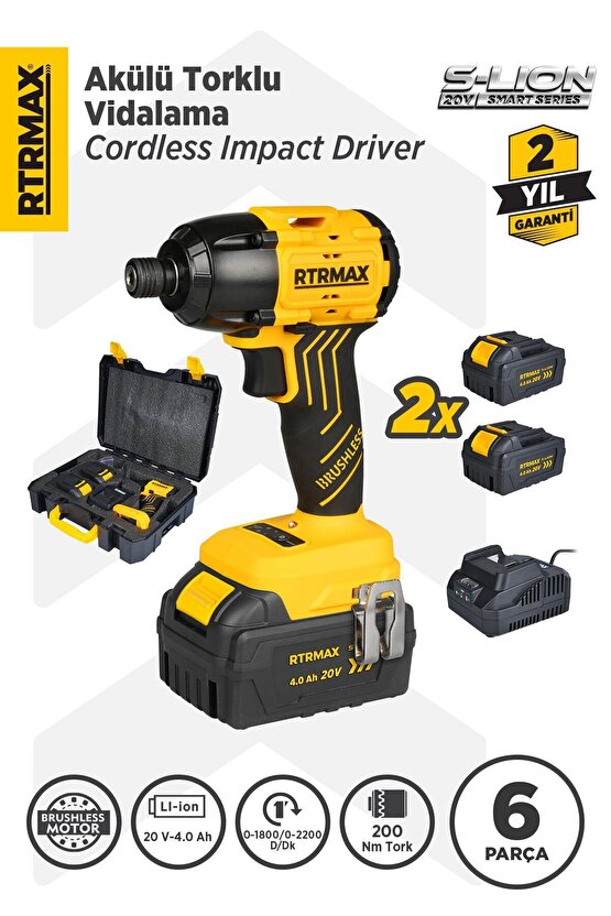 Rts5020 Şarjlı Torklu Vidalama Makinası Kömürsüz 200 Nm 2x4 Ah 20v Çift Akü S-lion - Akü Dahil