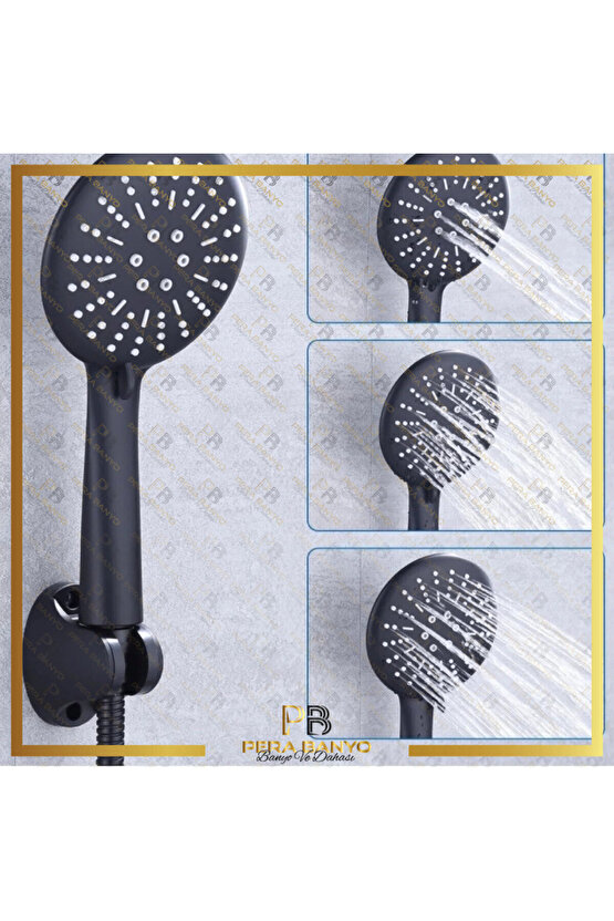 Panter 5 Fonksiyonlu Siyah Duş Başlığı + Pvc Duş Hortumu + Vakumlu Mafsal Duş Takımı