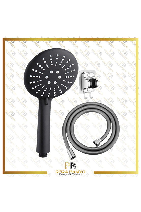 Panter 5 Fonksiyonlu Siyah Duş Başlığı + Pvc Duş Hortumu + Vakumlu Mafsal Duş Takımı