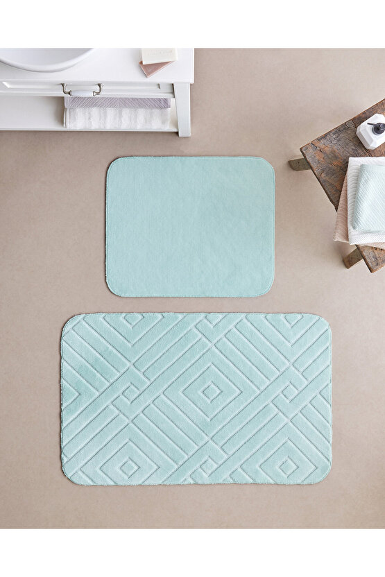 Twillow Kaydırmaz Taban Banyo Paspası Seti 60x100 cm + 50x60 cm Açık Mavi