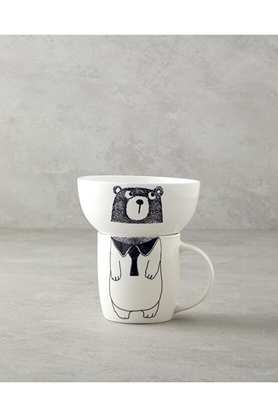 Mingles Teddy New Bone China Kaseli Kupa 360 ml-13 cm Siyah - Beyaz