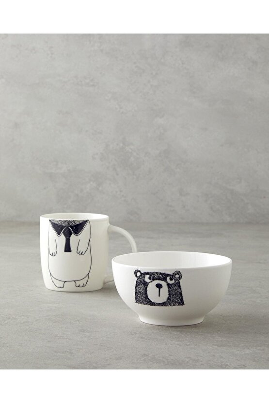 Mingles Teddy New Bone China Kaseli Kupa 360 ml-13 cm Siyah - Beyaz
