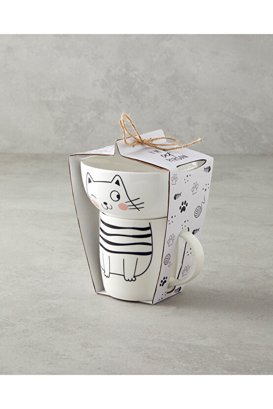 Mingle Catty New Bone China Kaseli Kupa 360 ml-13 cm Siyah - Beyaz