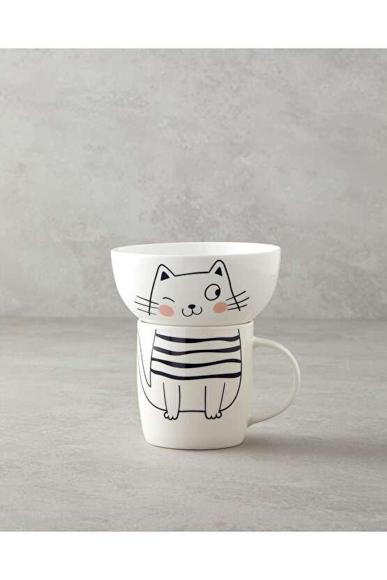 Mingle Catty New Bone China Kaseli Kupa 360 ml-13 cm Siyah - Beyaz
