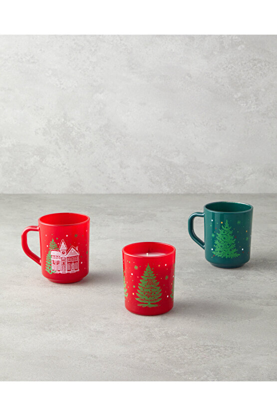 Merry Pine Cam 2’li ve Mumlu Kupa 250 ml Kırmızı - Yeşil