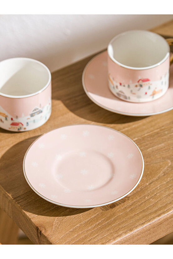 Pembe Baskılı 2 Kişilik Porselen Kahve Fincan Takımı 90 ml