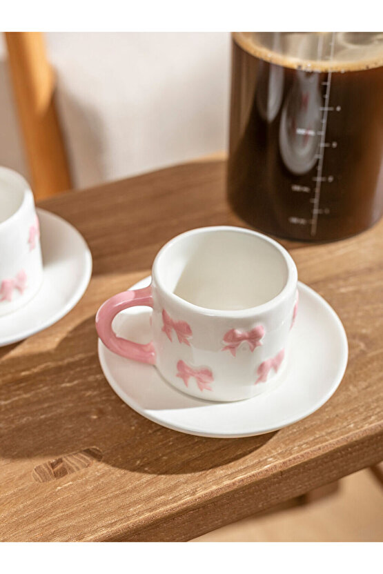 Pembe Fiyonk BaskıIı 2 Kişilik Seramik Kahve Fincan Takımı 100 ml