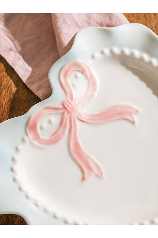 Beyaz Fiyonk Baskılı Seramik Tabak 20 cm