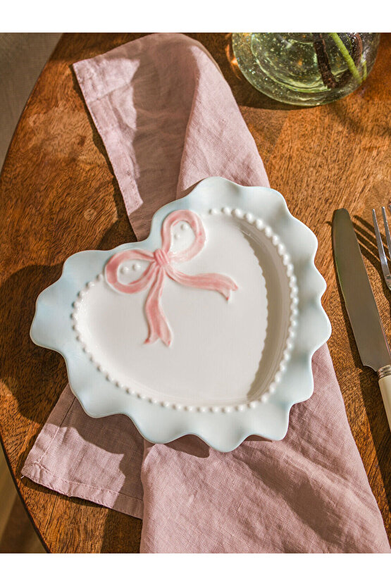 Beyaz Fiyonk Baskılı Seramik Tabak 20 cm