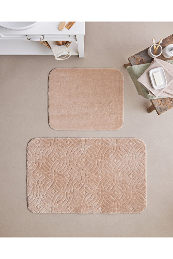 Wavelet Kaydırmaz Taban Banyo Paspası Seti 60x100 cm + 50x60 cm Açık Bej