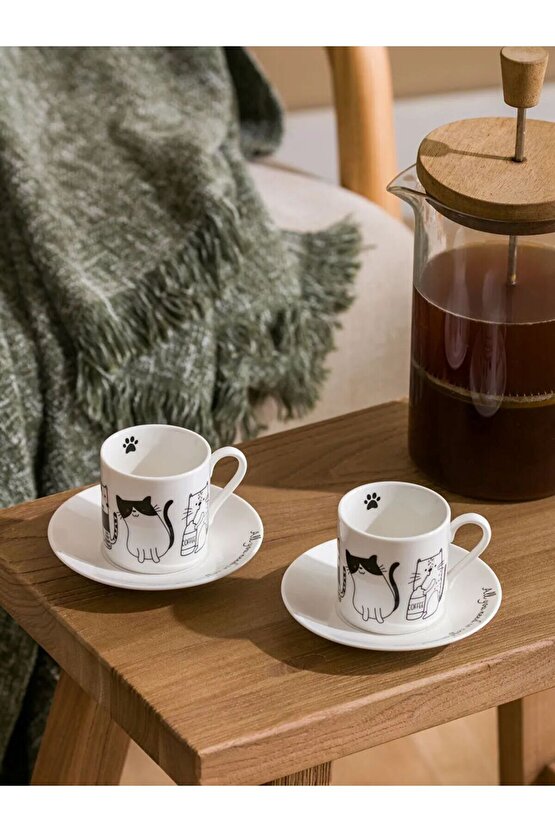 LCW HOME Siyah Kedi Baskılı 2 Kişilik Porselen Kahve Fincan Takımı SNOW.SUN