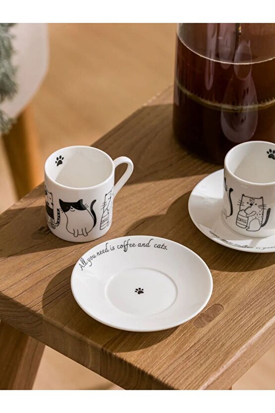 LCW HOME Siyah Kedi Baskılı 2 Kişilik Porselen Kahve Fincan Takımı SNOW.SUN