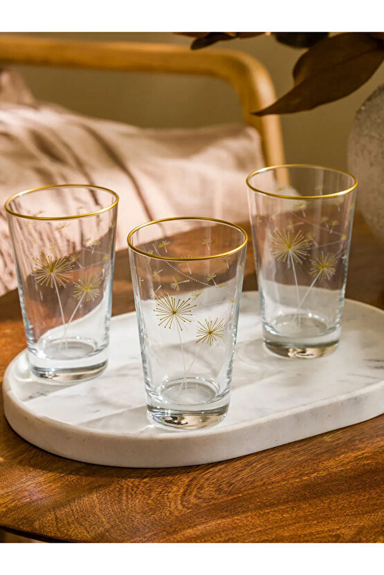 Gold Çiçek Baskılı Cam Su Bardağı 3lü - 400 Ml