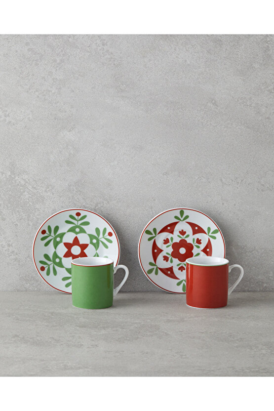 Vivy Porselen 4 Parça 2 Kişilik Kahve Fincan Takımı 80 ml Bordo-Yeşil