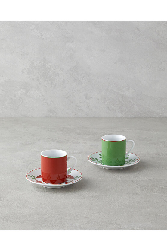 Vivy Porselen 4 Parça 2 Kişilik Kahve Fincan Takımı 80 ml Bordo-Yeşil