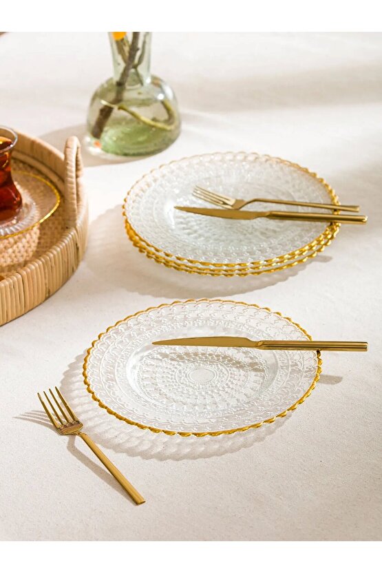 Sarı Desenli Cam Pasta Tabağı 4lü 21 cm