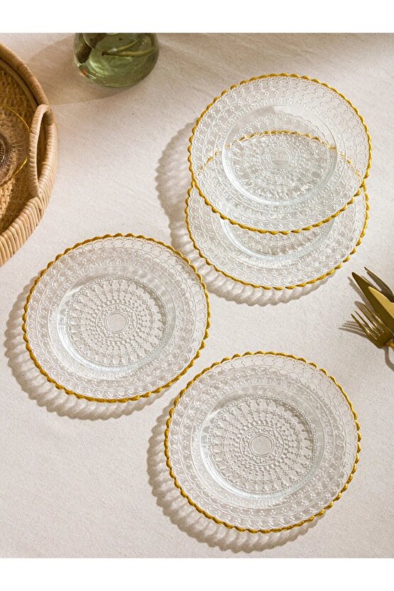Sarı Desenli Cam Pasta Tabağı 4lü 21 cm