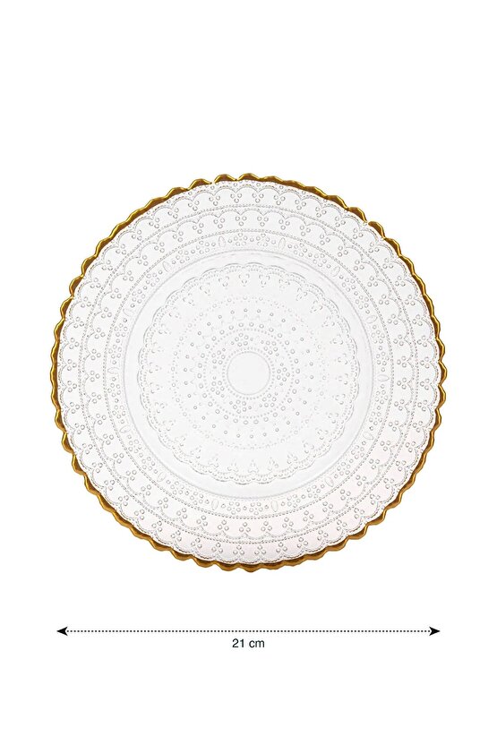 Sarı Desenli Cam Pasta Tabağı 4lü 21 cm