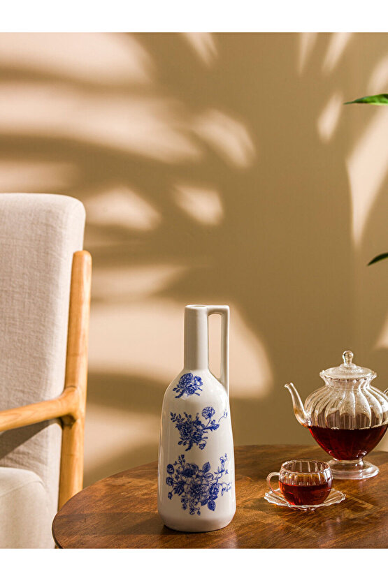 Mavi Çiçek Baskılı Seramik Vazo - 29 cm