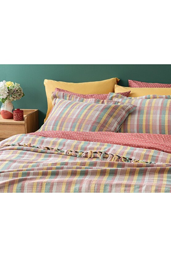Madras Plaid Dokuma Tek Kişilik Yatak Örtüsü Takımı 160x240 Cm Pembe - Sarı