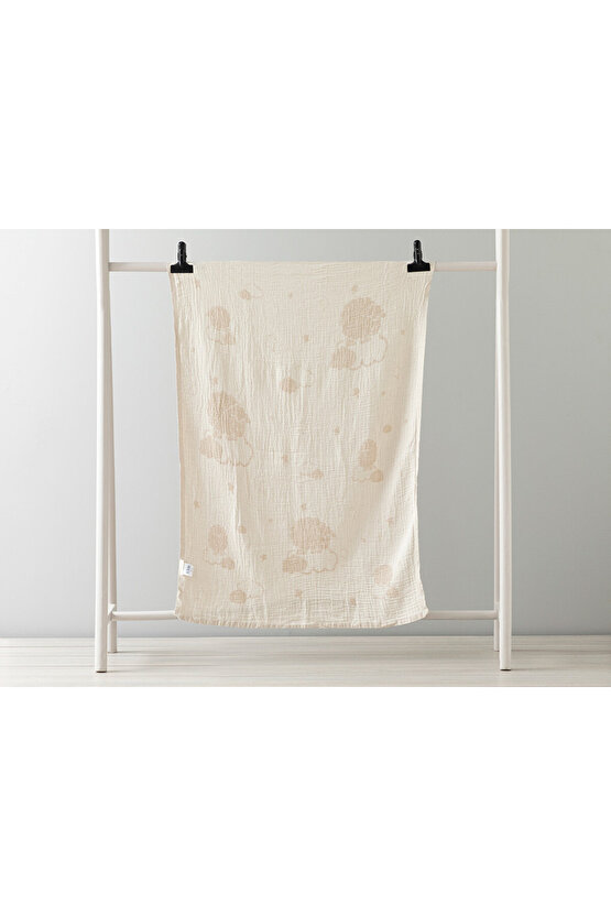Pamuk Kuzu Pamuk Unisex Bebe Battaniye 80x120 Cm Bej Ekru Hayvan Desenli 90 x 120