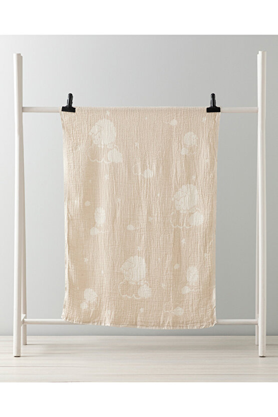 Pamuk Kuzu Pamuk Unisex Bebe Battaniye 80x120 Cm Bej Ekru Hayvan Desenli 90 x 120