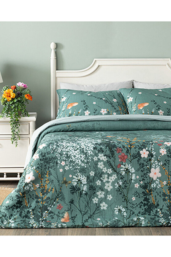 Sweet Spring Dijital Baskılı Çift Taraflı Çift Kişilik Nevresim Takımı Yeşil