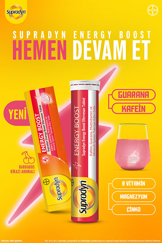 Energy Boost Efervesan Tablet l Kafein, Guarana, Multivitamin ve Mineral
